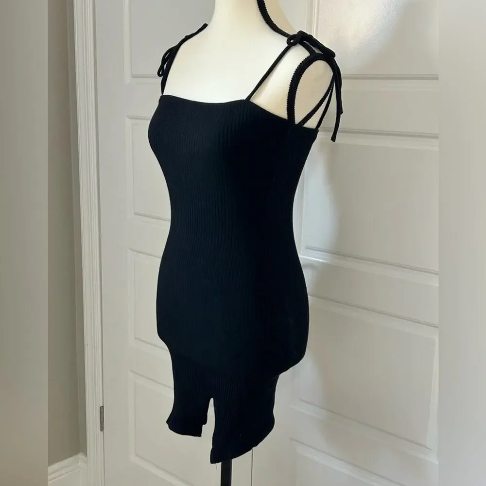 Princess Polly black ribbed mini dress bow tie strap slit size US 4 - Picture 1 of 9